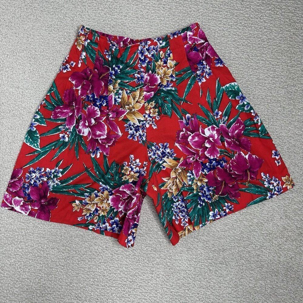 Y2K Vintage Floral Bermuda Shorts Red Floral‎ Wide Leg Pleated Medium
